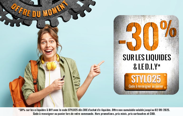 Vap’Expert vous accompagne pour une reprise au top… ne passez pas à côté ! profitez de l'offre rentrée scolaire -30% sur tous les eliquides et DIY avec le code STYLO25 chez VAP'EXPERT