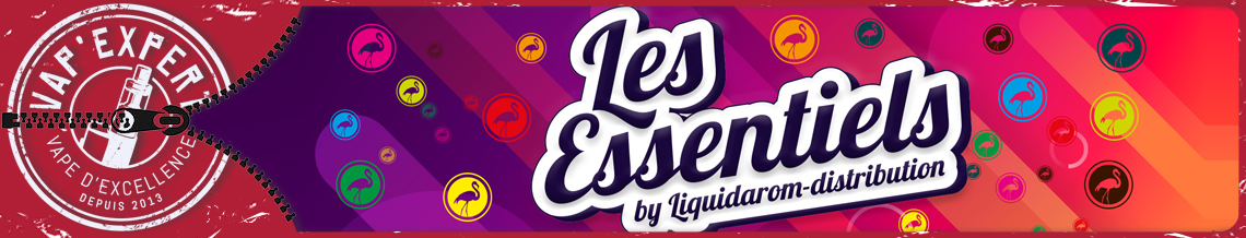 Bannière présentant les e-liquides de la gamme LES ESSENTIELS du fabricant LIQUIDAROM.