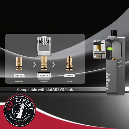 Cette image d&eacute;taille la compatibilit&eacute; des r&eacute;sitances de la DotAMP avec le DotAIO Tank V3, disponible chez Vap'Expert