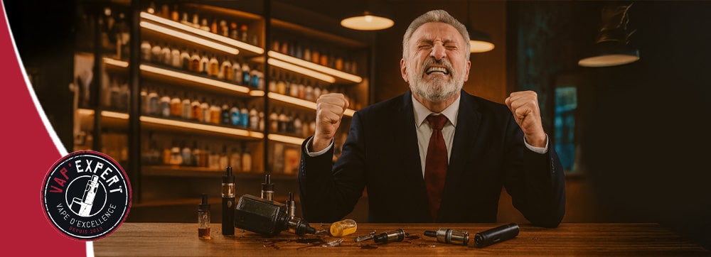 image representant une grosse cigarette electronique allongée qui énerve un personnage agé souhaitant arrêter de fumer