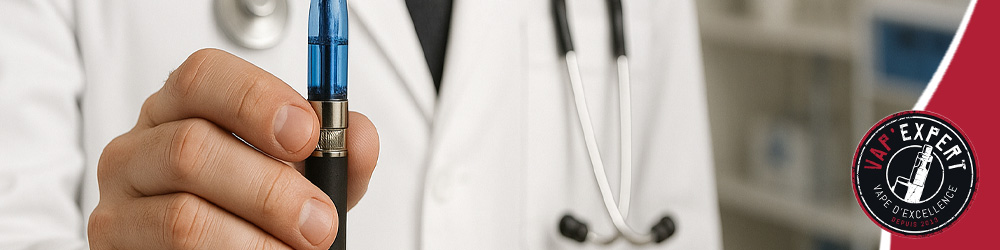 visuel illustrant un médecin tenant une cigarette électronique de sevrage substitut de la jetable interdite dans le cadre de la loi puff